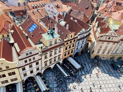 Terracotta rooftops over Prague's Old Town Square